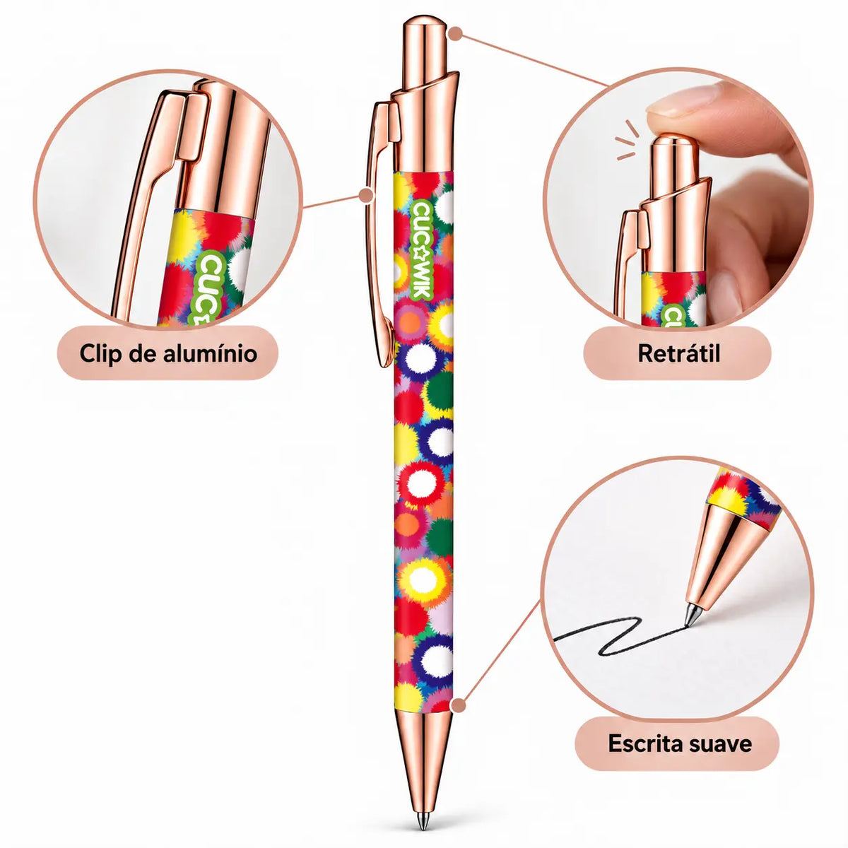 Caneta Esferográfica com Clip Metálico Pompons Coloridos | Dourado Rosa | Cucawik