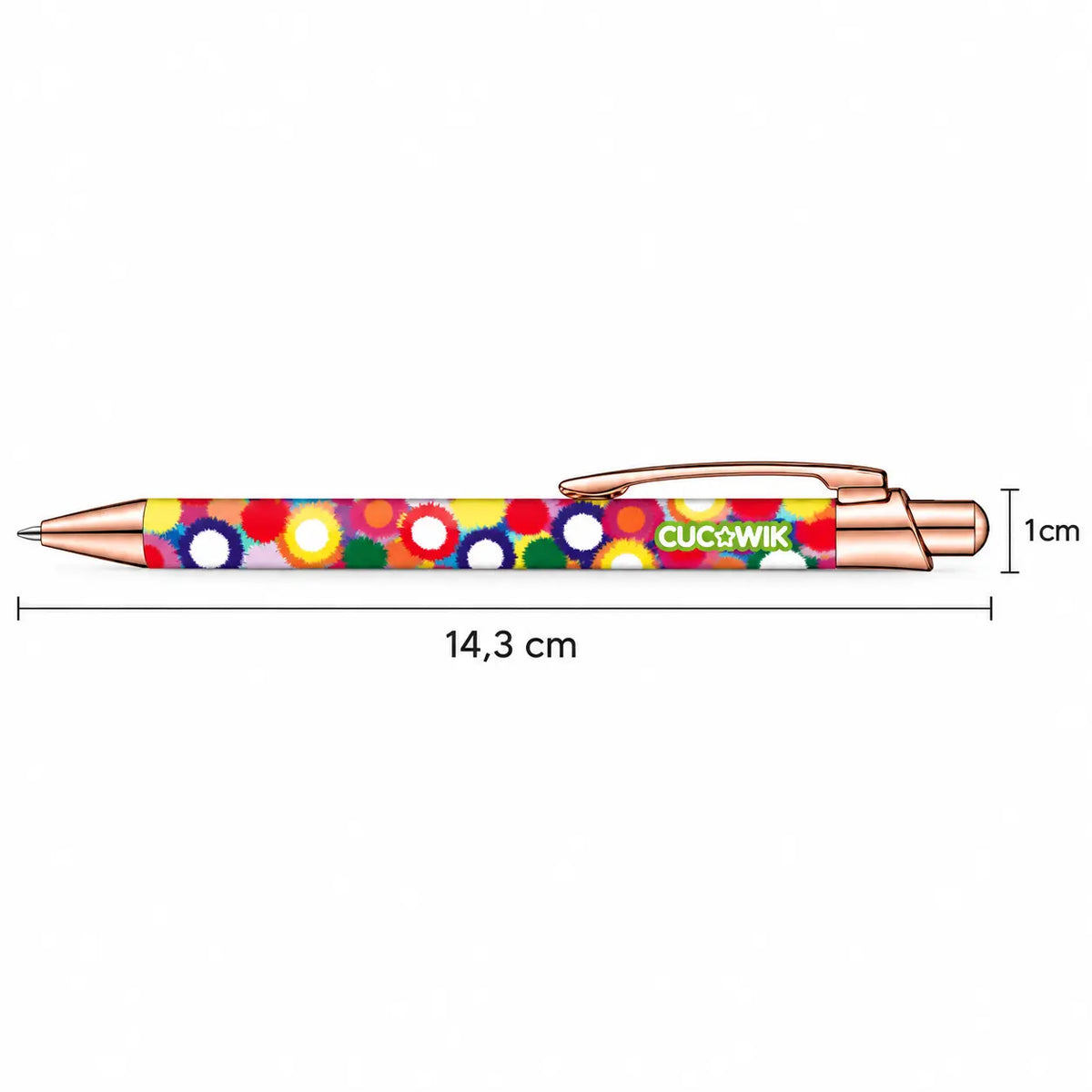 Caneta Esferográfica com Clip Metálico Pompons Coloridos | Dourado Rosa | Cucawik