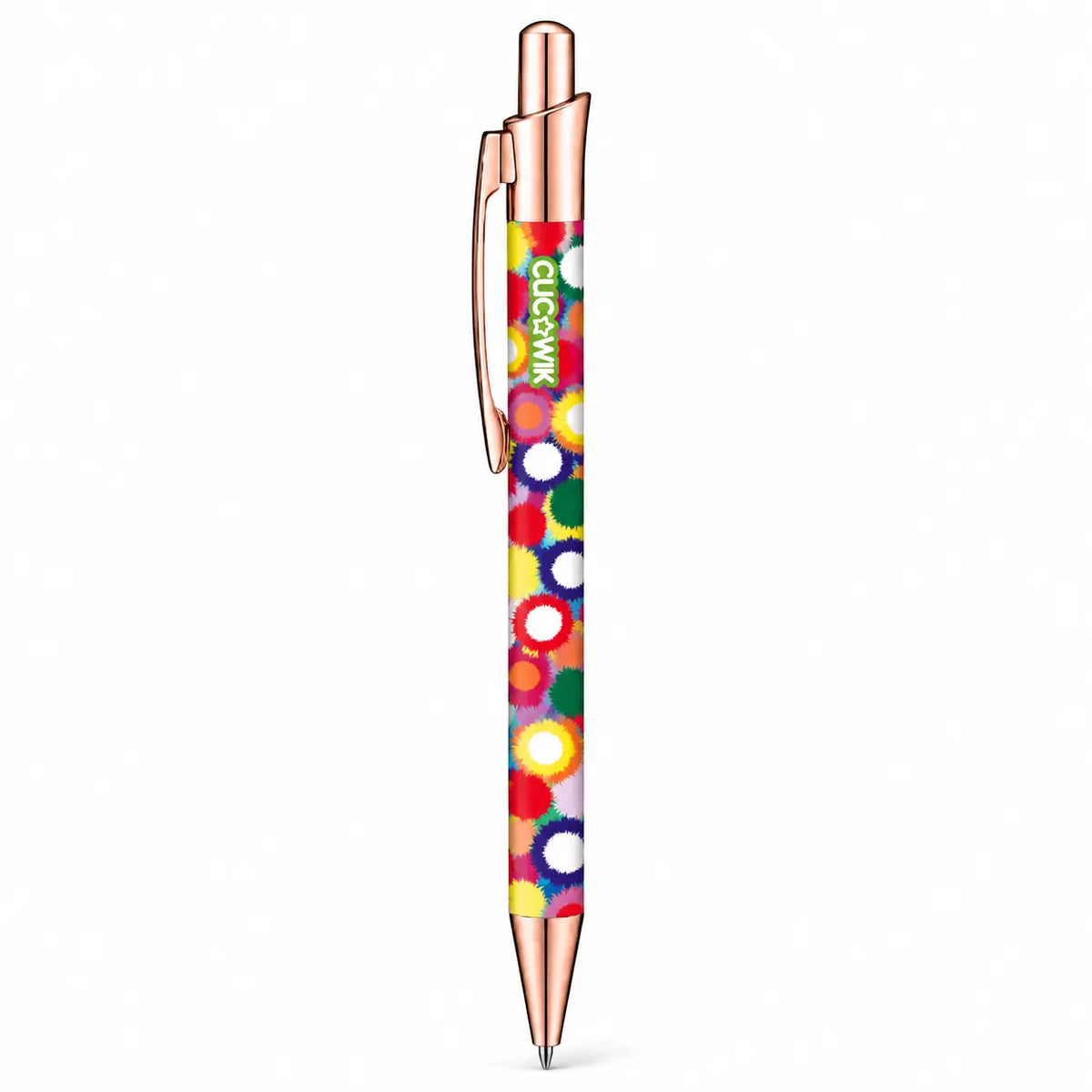 Caneta Esferográfica com Clip Metálico Pompons Coloridos | Dourado Rosa | Cucawik
