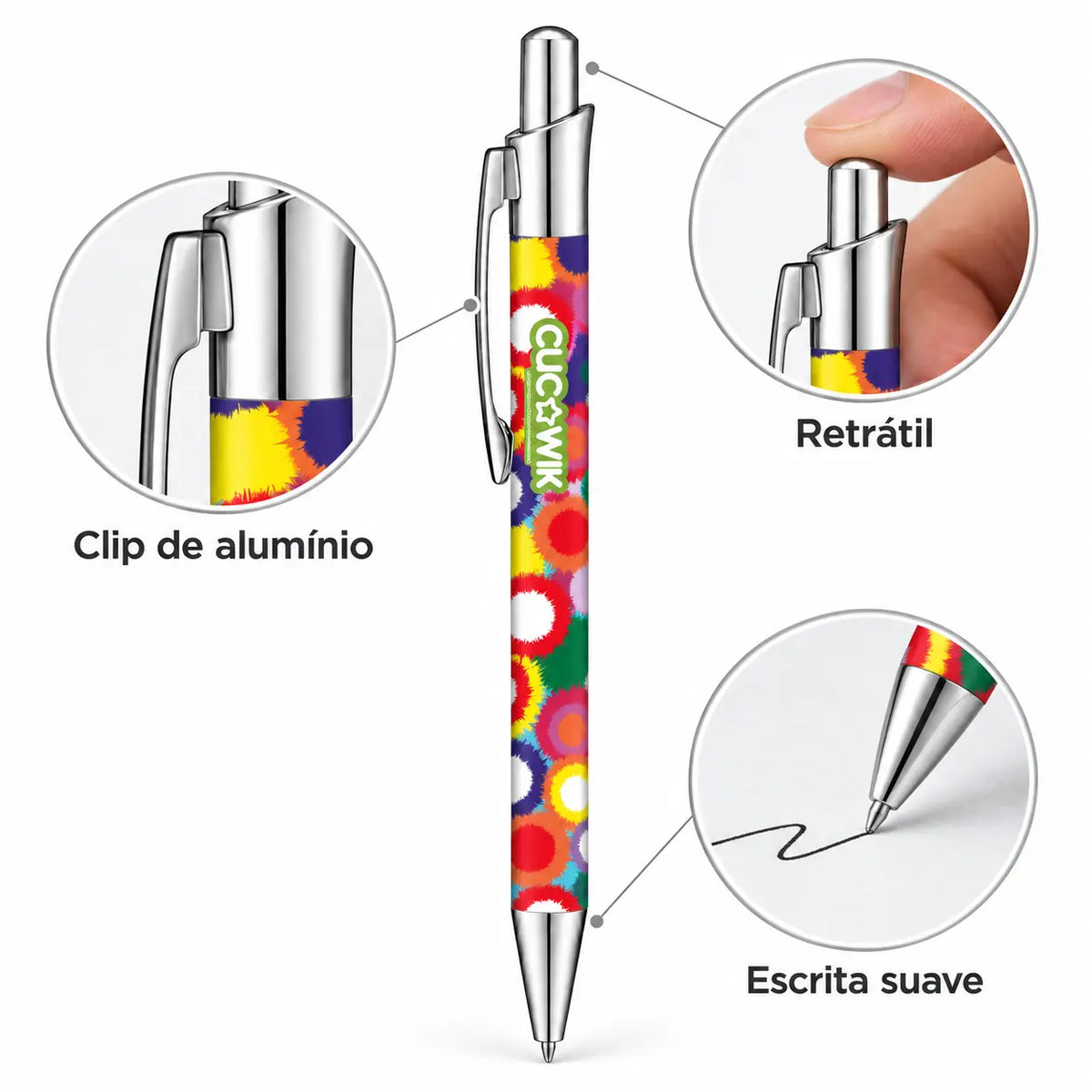 Caneta Esferográfica com Clip Metálico Pompons Coloridos | Cucawik