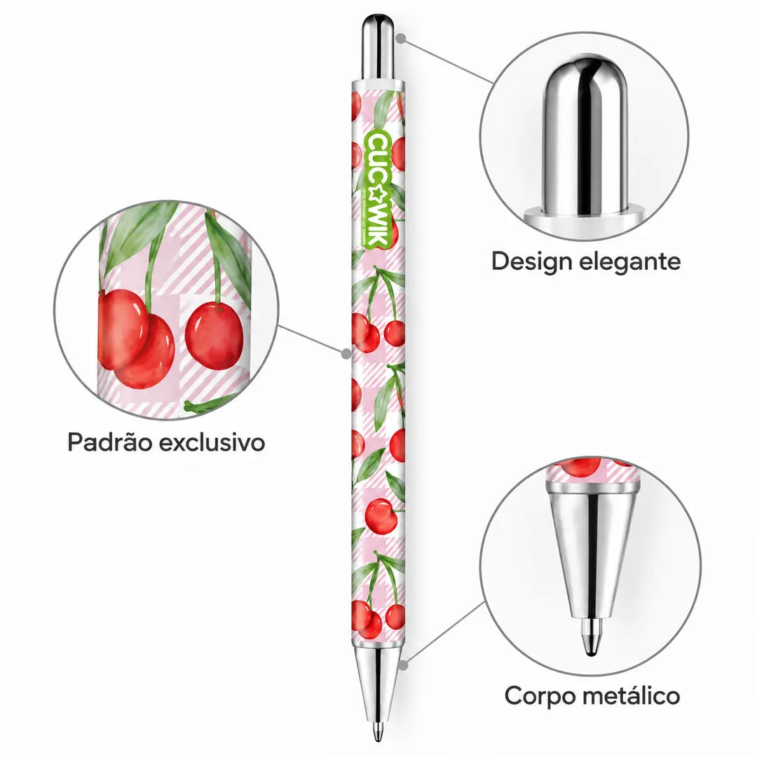 Caneta Esferográfica Metálica Cerejas do Fundão Fundo Xadrez Rosa | Cucawik