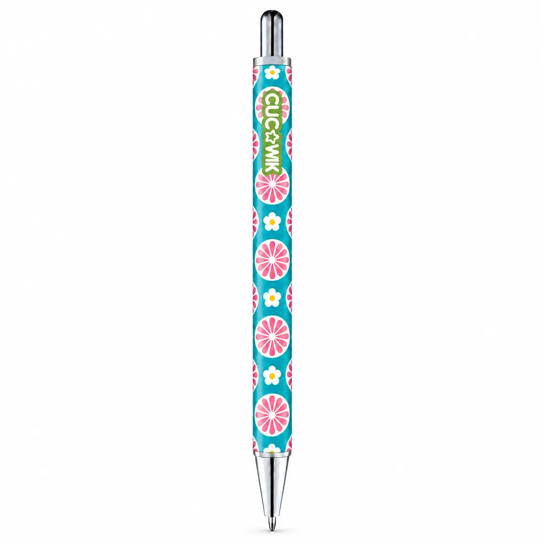 Caneta Esferográfica Metálica Flores Retro Turquesa Rosa | Cucawik