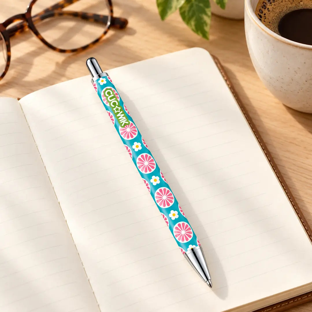 Caneta Esferográfica Metálica Flores Retro Turquesa Rosa | Cucawik