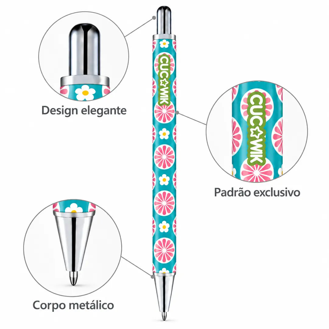 Caneta Esferográfica Metálica Flores Retro Turquesa Rosa | Cucawik