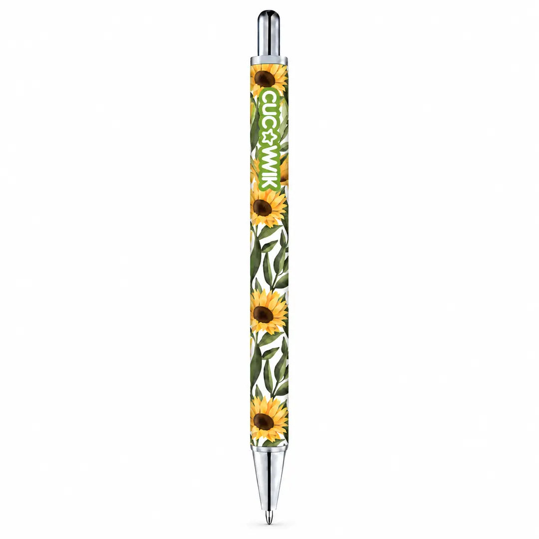 Caneta Esferográfica Metálica Girassóis Aguarela Fundo Branco | Cucawik