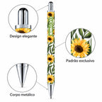 Caneta Esferográfica Metálica Girassóis Aguarela Fundo Branco | Cucawik
