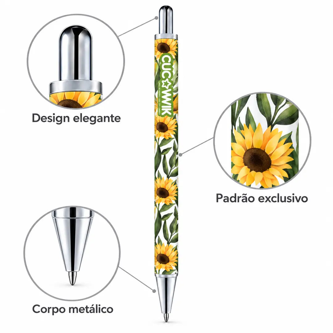 Caneta Esferográfica Metálica Girassóis Aguarela Fundo Branco | Cucawik