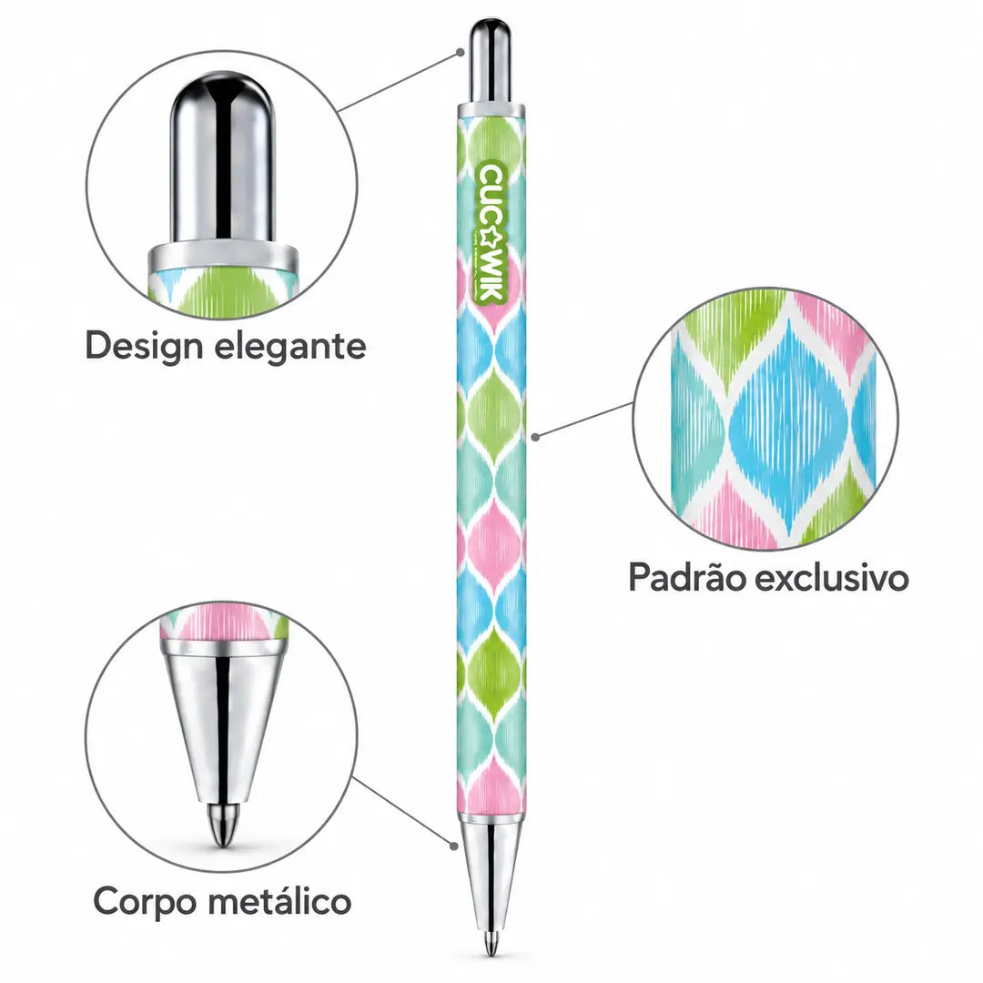 Caneta Esferográfica Metálica Ikat Pastel Rosa Verde Azul | Cucawik