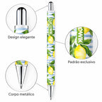 Caneta Esferográfica Metálica Limões Sicilianos Fundo Riscas Azuis | Cucawik