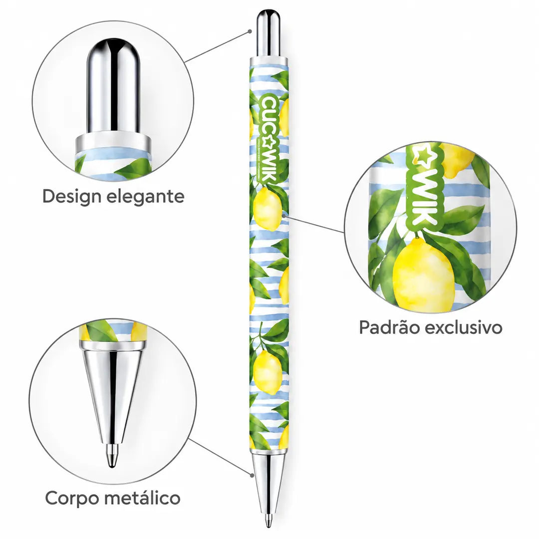 Caneta Esferográfica Metálica Limões Sicilianos Fundo Riscas Azuis | Cucawik