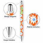Caneta Esferográfica Metálica Margaridas Fundo Laranja | Cucawik