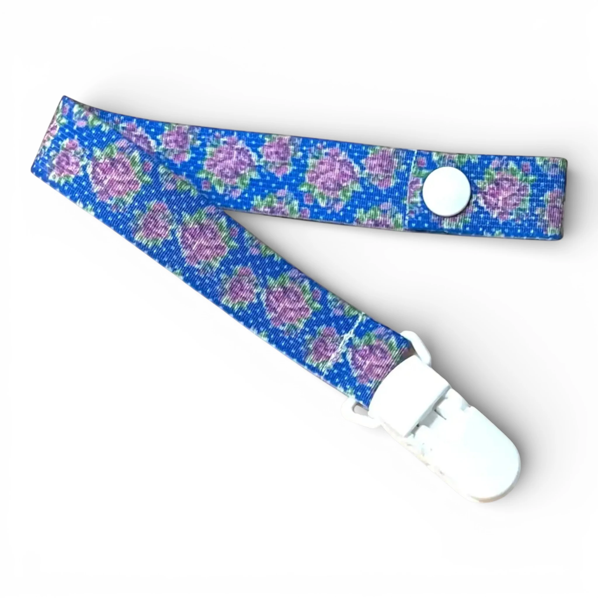 Fita de Chucha Baby Rosas Fundo Azul Bolinhas