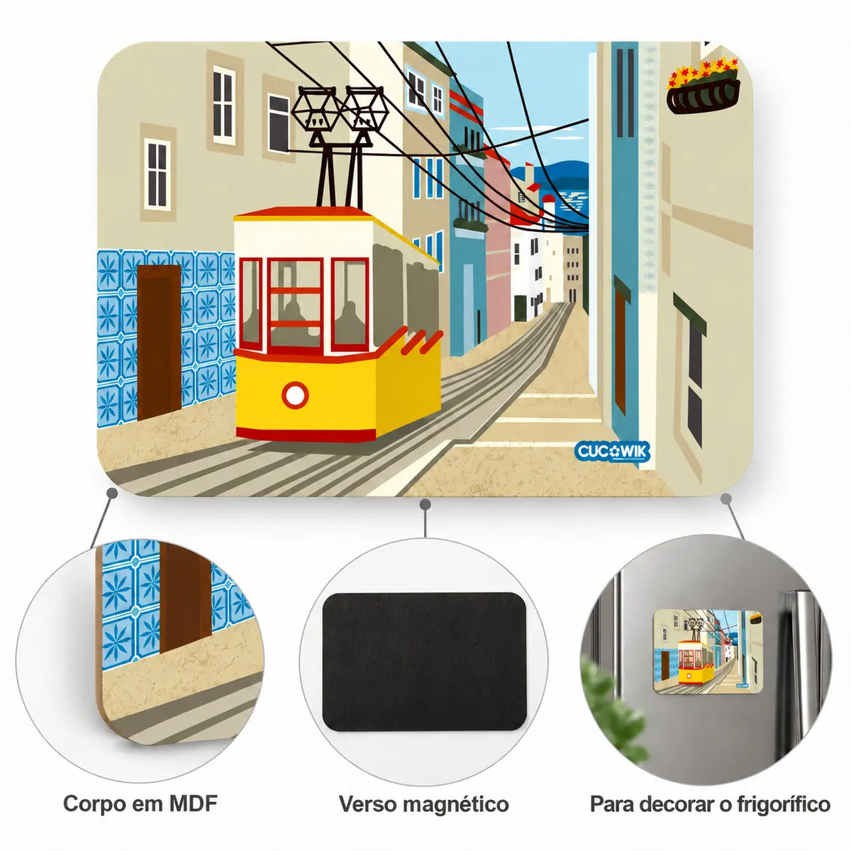 Características do íman de frigorífico Eléctrico Bica Lisboa – madeira MDF
