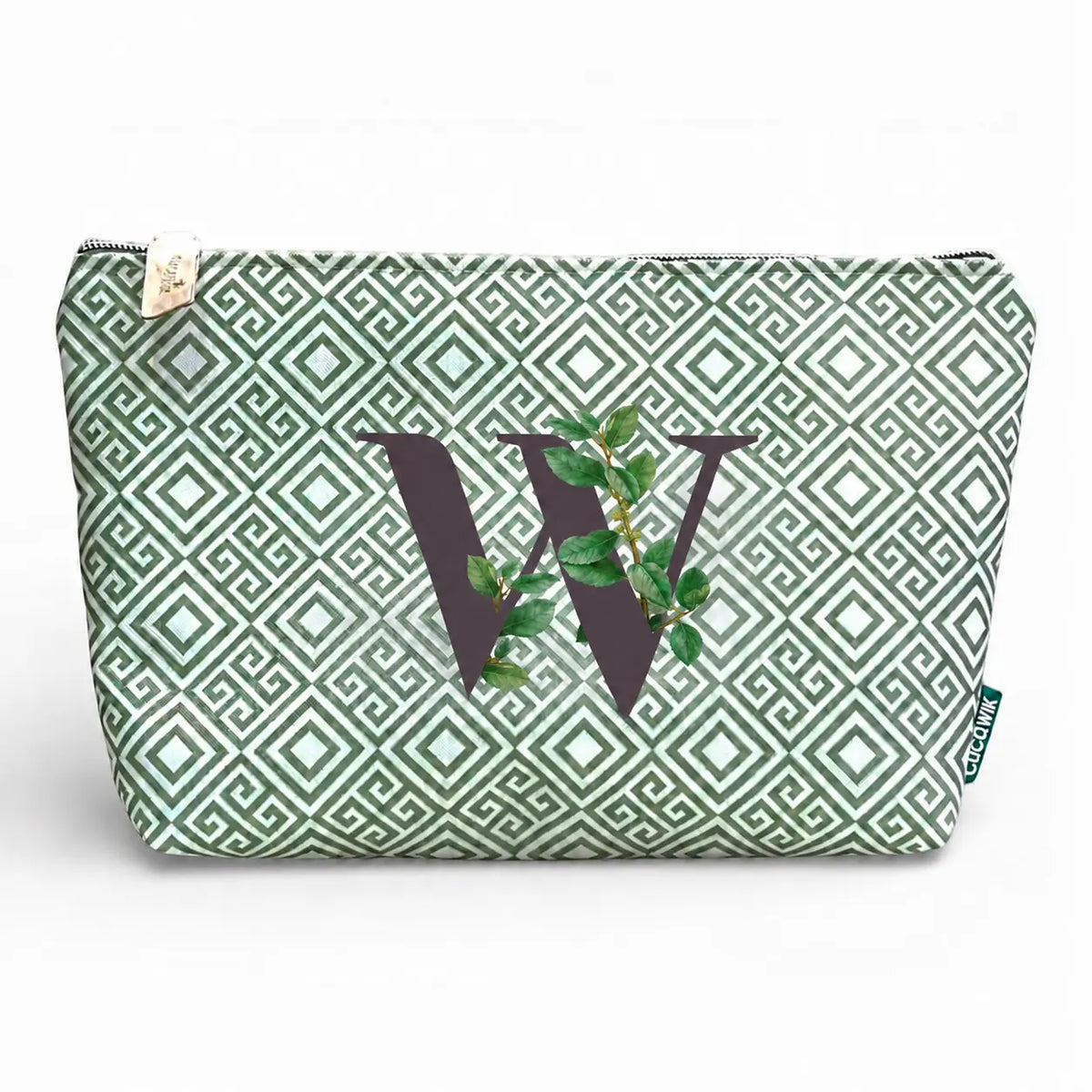 Necessaire grande impermeável Guta verde com letra W, Cucawik
