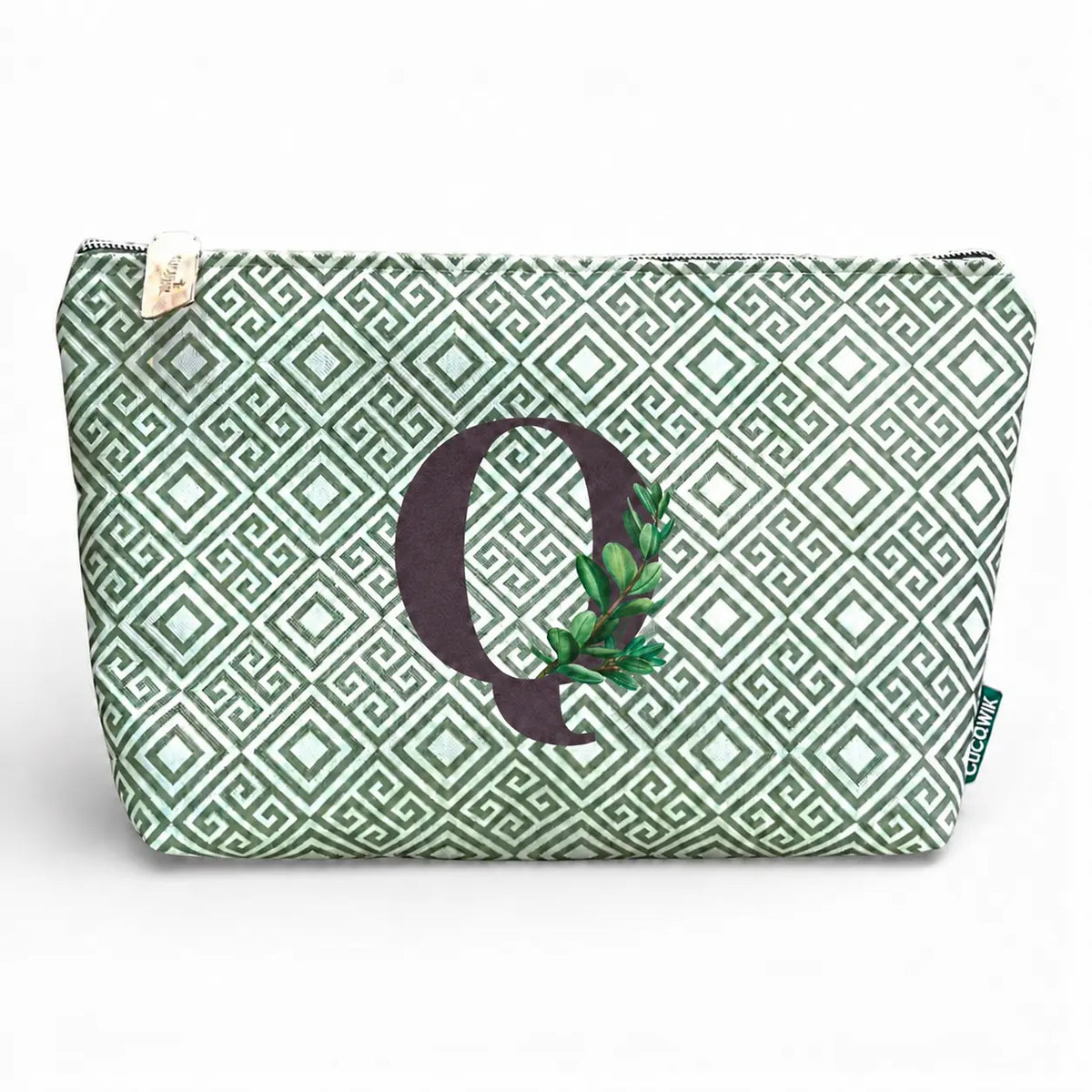 Necessaire grande impermeável Guta verde com letra Q, Cucawik