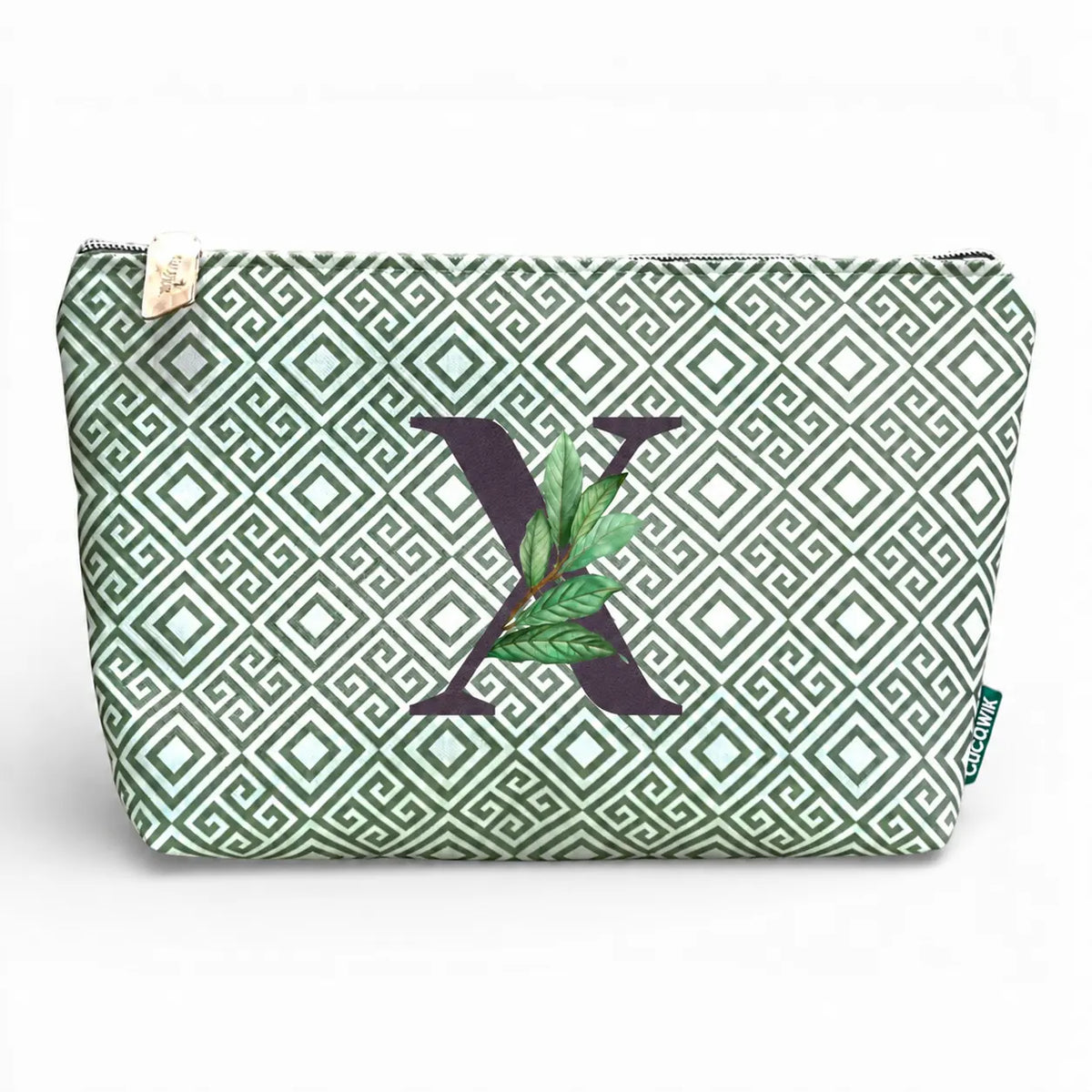 Necessaire grande impermeável Guta verde com letra X, Cucawik