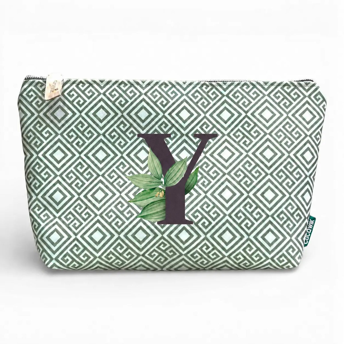 Necessaire grande impermeável Guta verde com letra Y, Cucawik