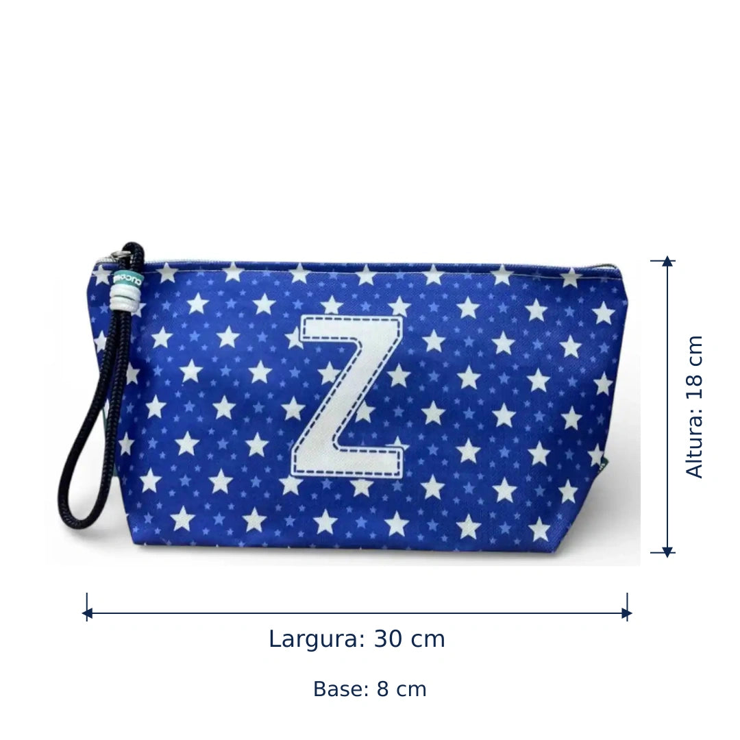 Bolsa Alex azul com letra Z — largura de 30 cm, altura de 18 cm e base de 8 cm.