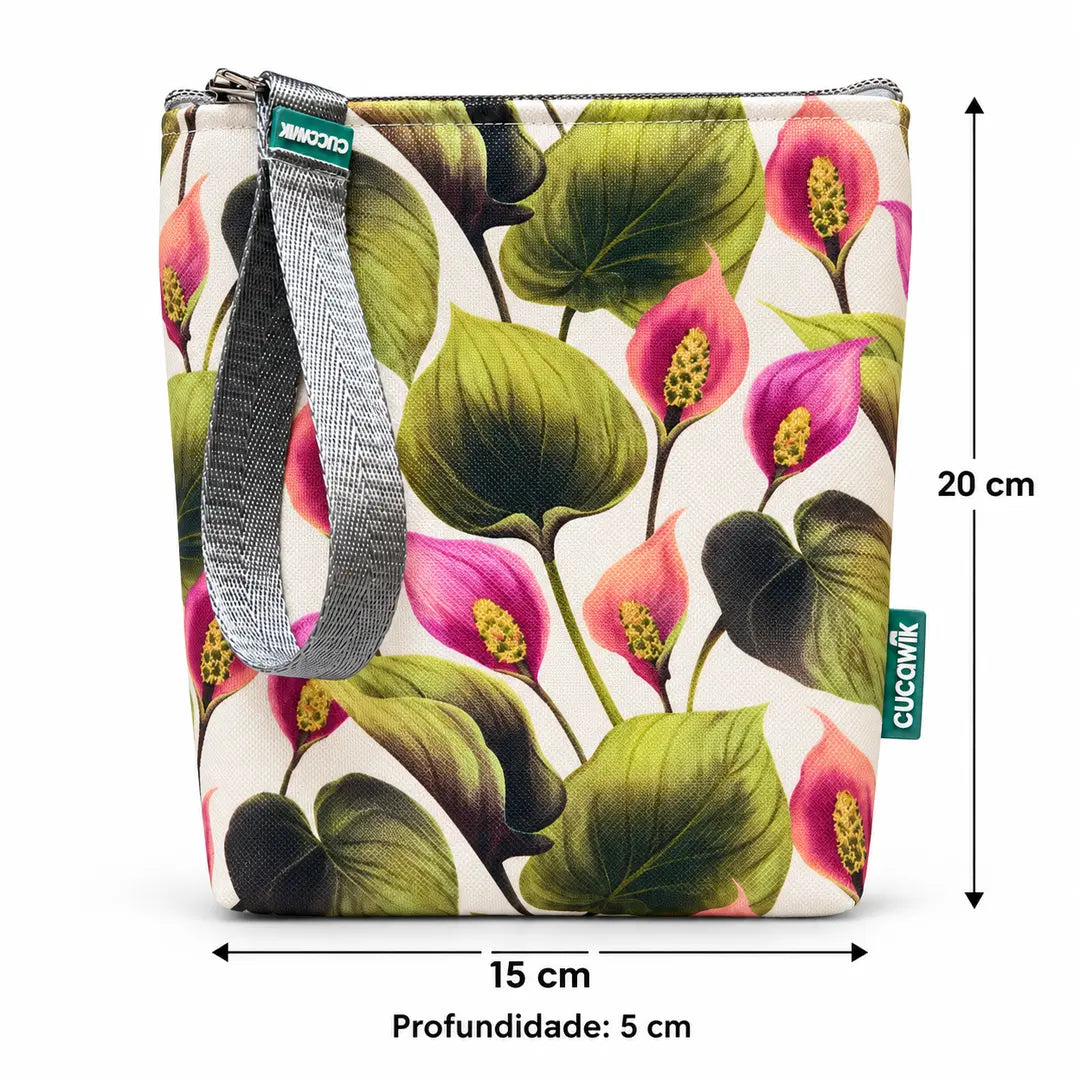 Medidas da bolsa isotérmica para snacks Antúrios Lilás Verde – 20 × 15 × 5 cm