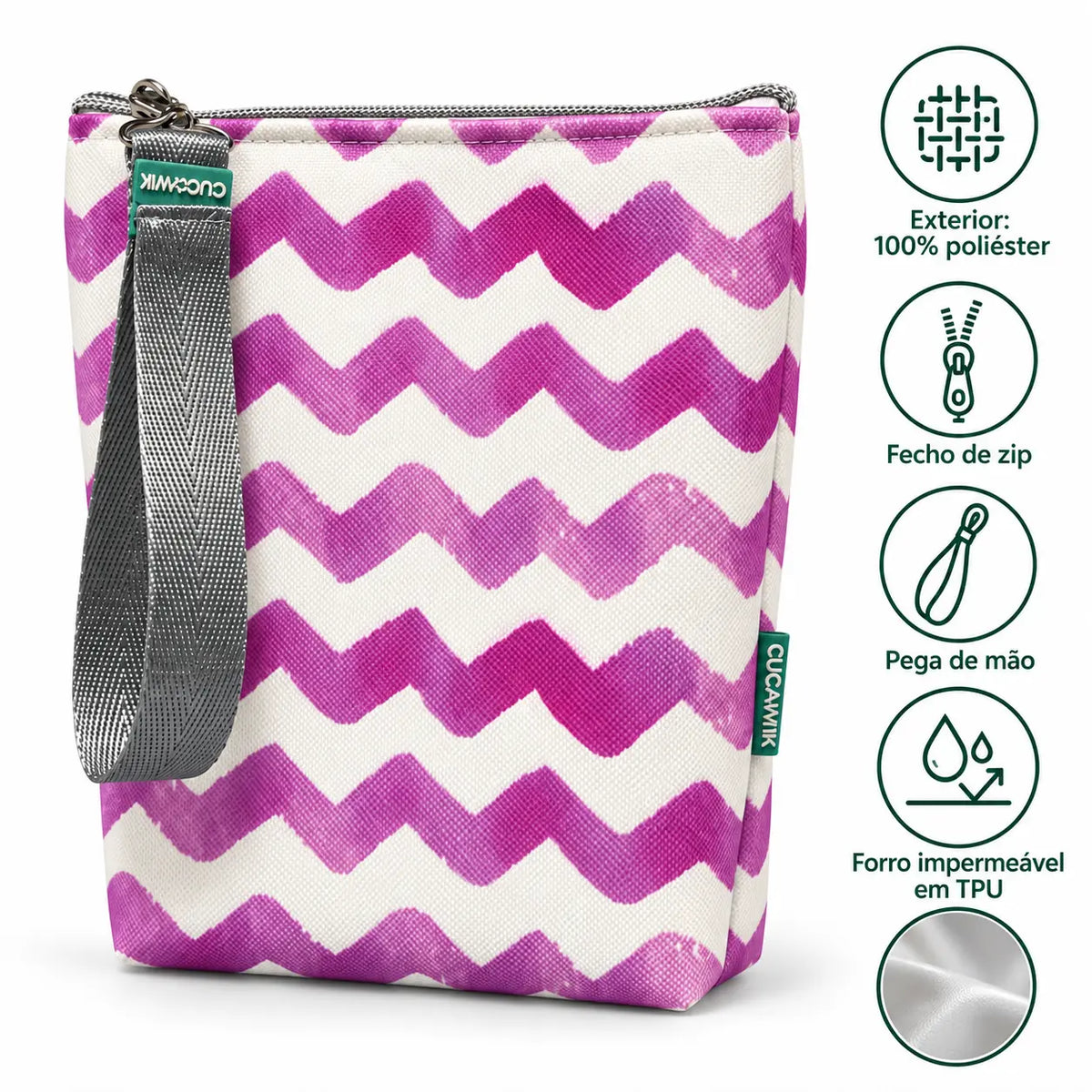 Características da bolsa isotérmica para snacks Chevron Rosa Aguarela – poliéster impermeável