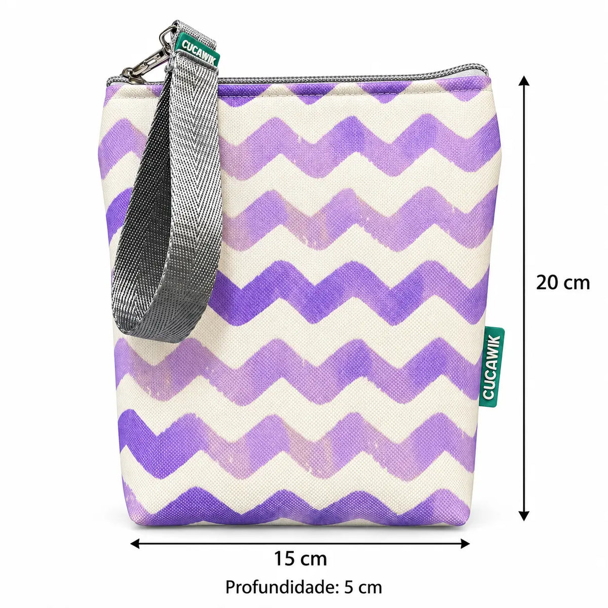 Medidas da bolsa isotérmica para snacks Chevron Roxo Aguarela – 20 × 15 × 5 cm