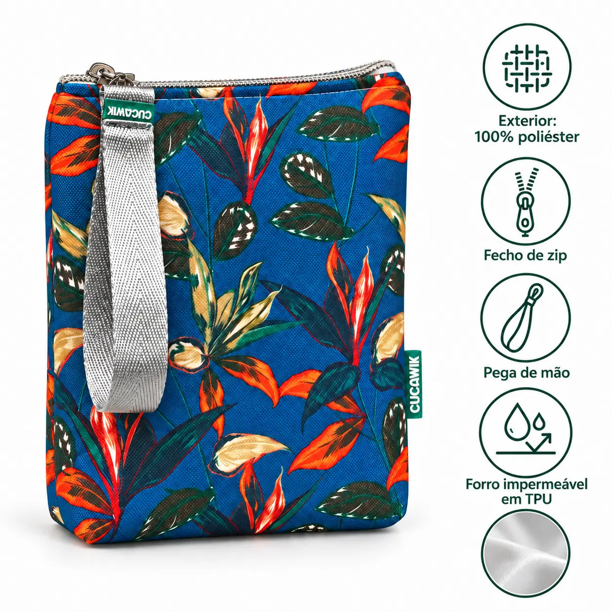 Características da bolsa isotérmica para snacks Folhas Exóticas Azul Petróleo – poliéster impermeável