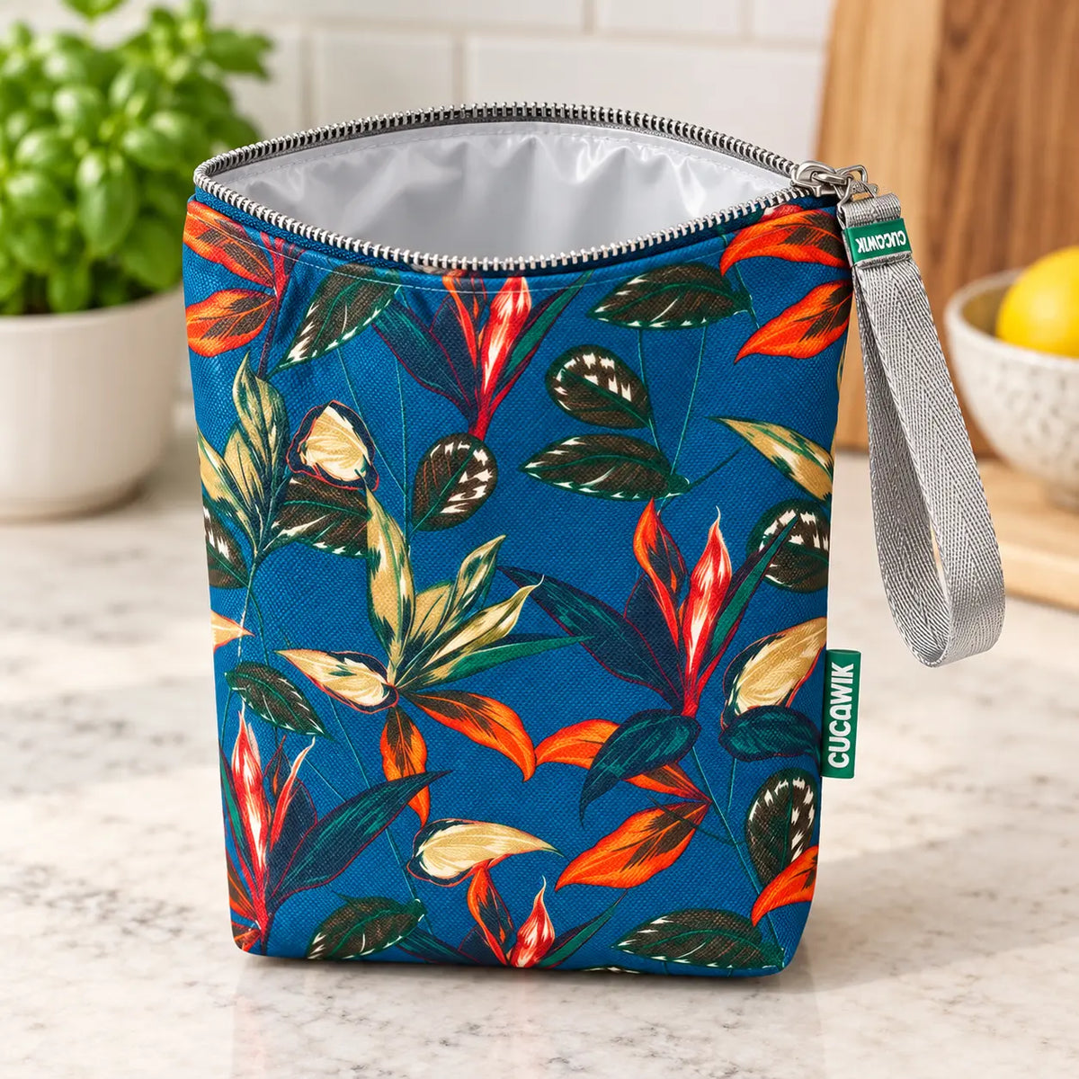 Interior da bolsa isotérmica para snacks Folhas Exóticas Azul Petróleo – TPU impermeável