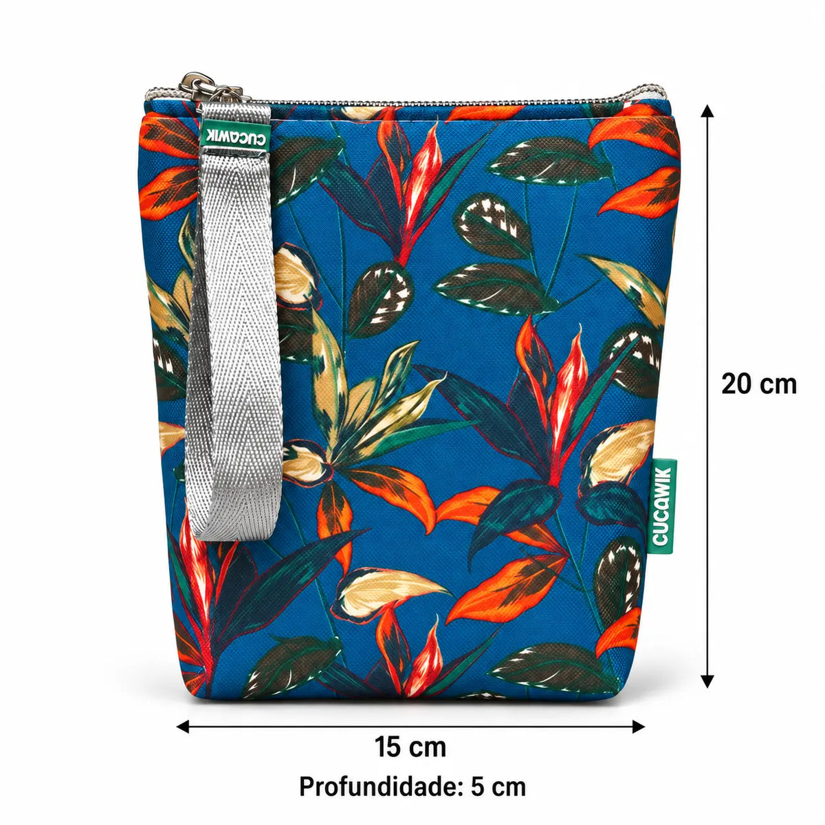 Medidas da bolsa isotérmica para snacks Folhas Exóticas Azul Petróleo – 20 × 15 × 5 cm