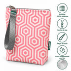 Características da bolsa isotérmica para snacks Hexágonos Interligados Rosa – poliéster impermeável