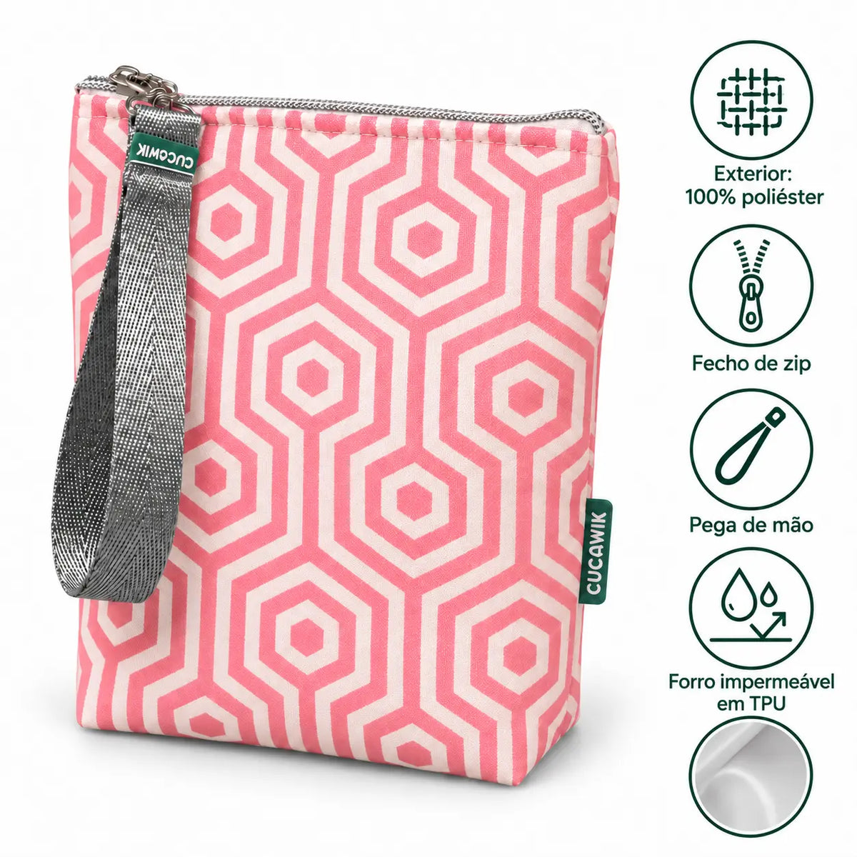 Características da bolsa isotérmica para snacks Hexágonos Interligados Rosa – poliéster impermeável