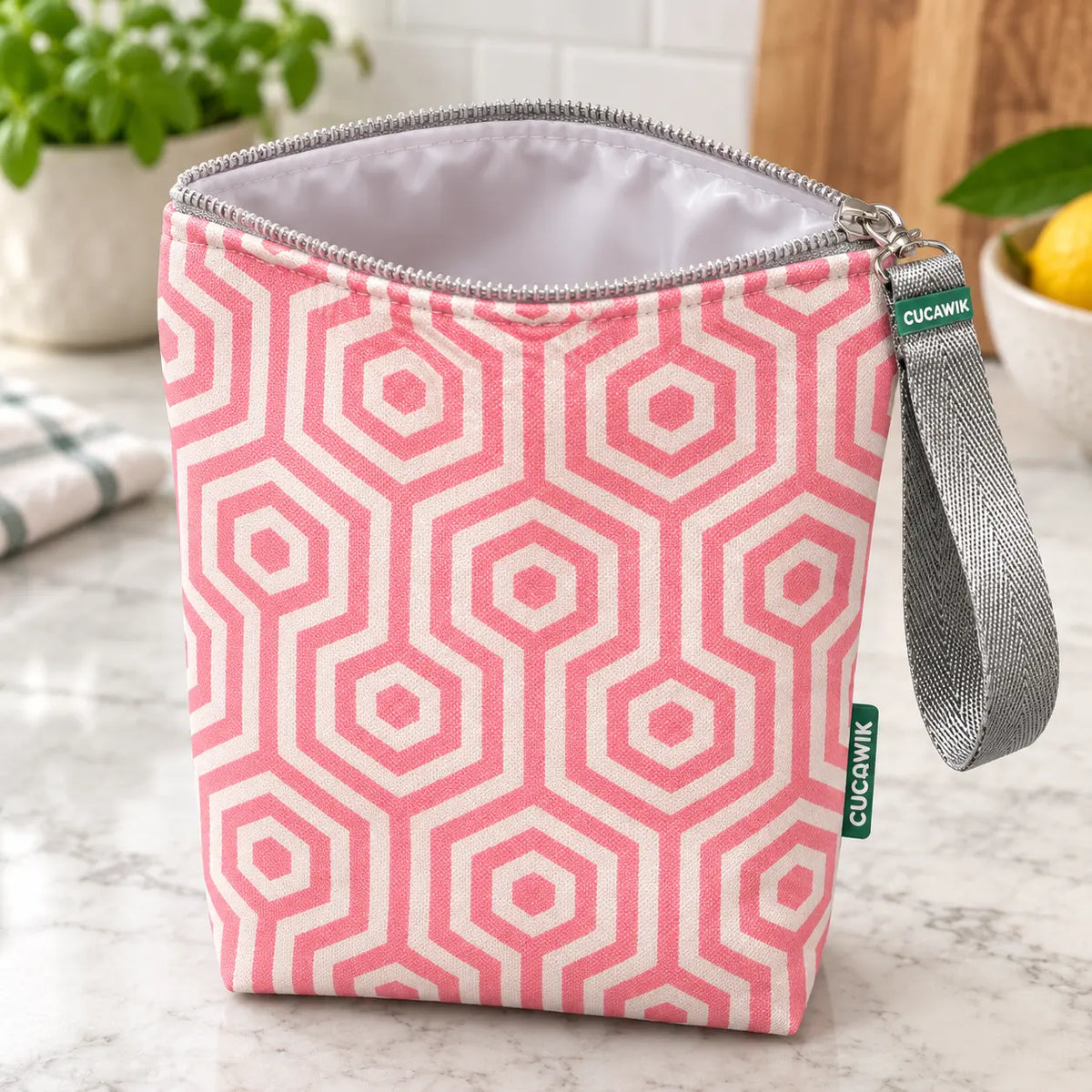 Interior da bolsa isotérmica para snacks Hexágonos Interligados Rosa – TPU impermeável