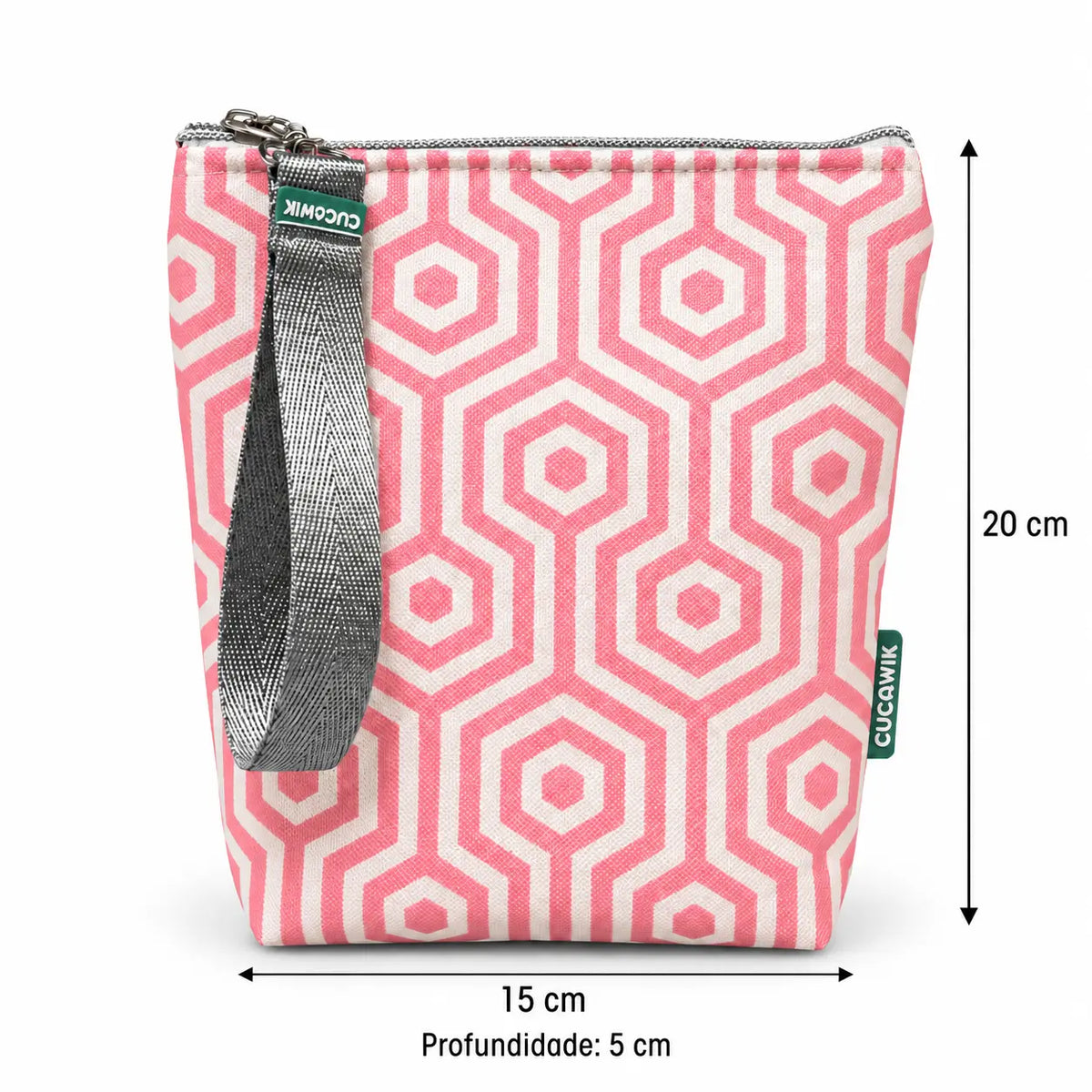Medidas da bolsa isotérmica para snacks Hexágonos Interligados Rosa – 20 × 15 × 5 cm