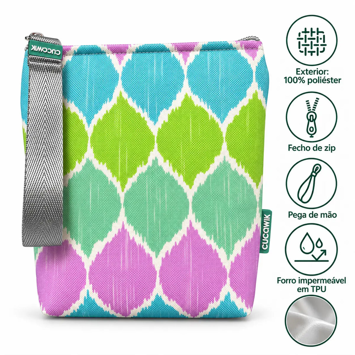 Características da bolsa isotérmica para snacks Ikat Pastel Rosa Verde Azul – poliéster impermeável