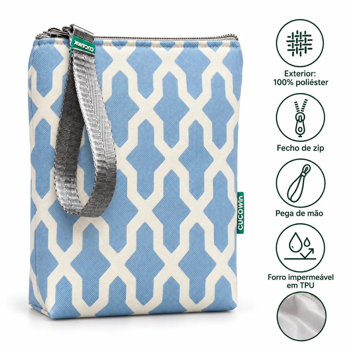 Características da bolsa isotérmica para snacks Interligado Orgânico Azul Claro – poliéster impermeável