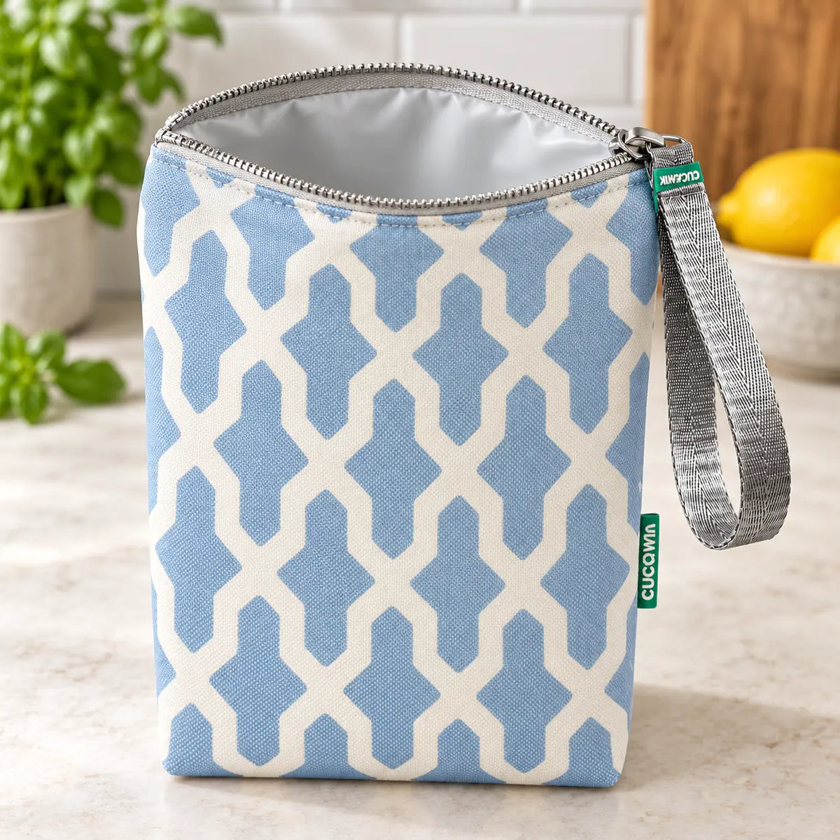 Interior da bolsa isotérmica para snacks Interligado Orgânico Azul Claro – TPU impermeável