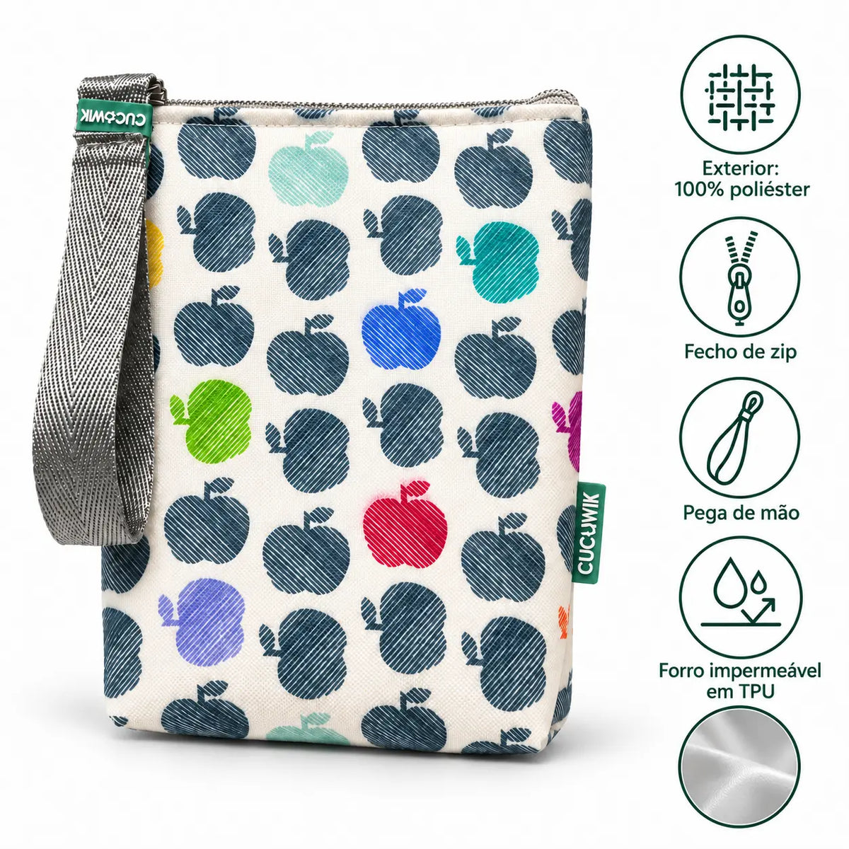 Características da bolsa isotérmica para snacks Maçãs Coloridas – poliéster impermeável