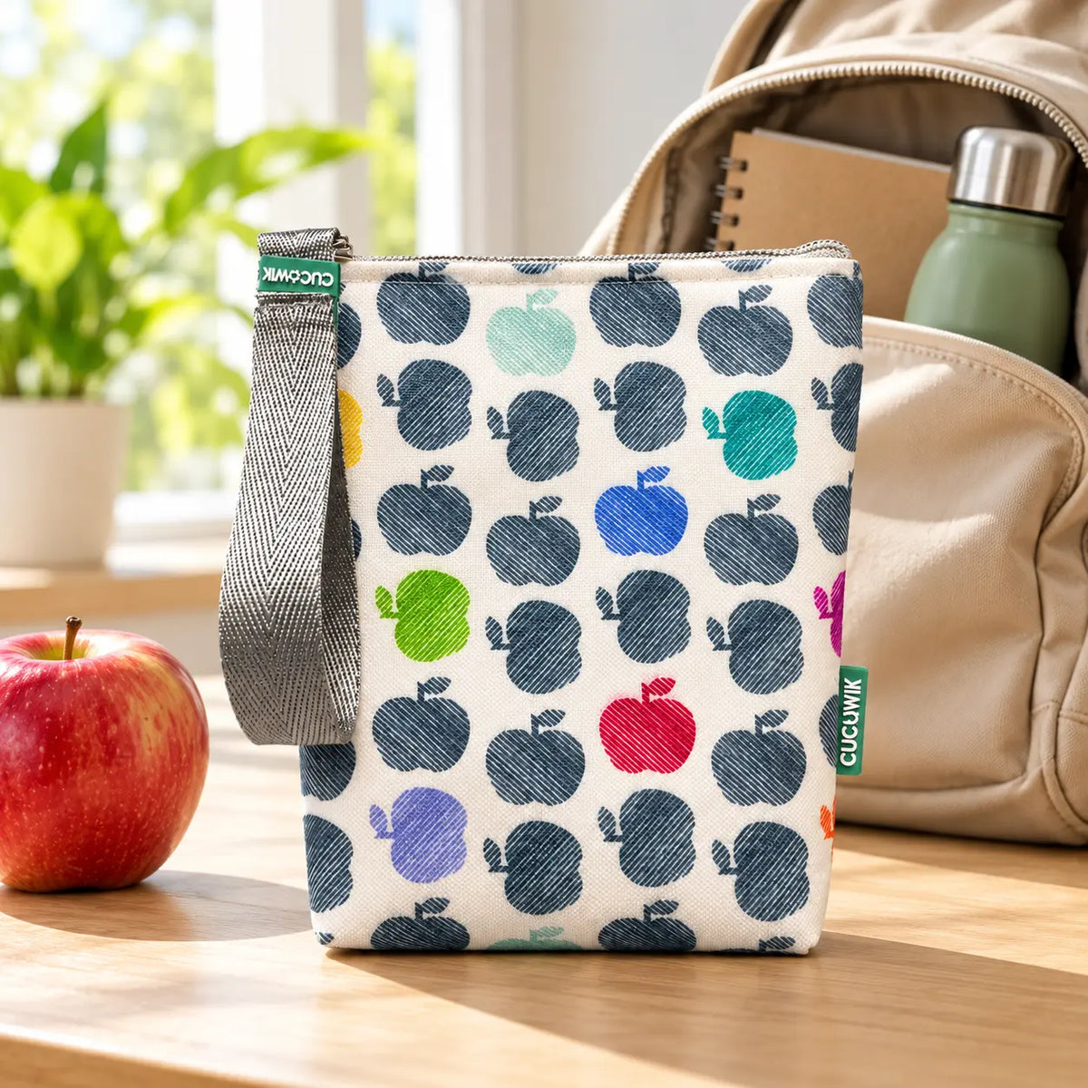 Bolsa isotérmica para snacks Maçãs Coloridas em ambiente de dia a dia