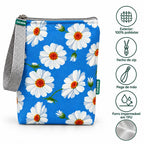 Características da bolsa isotérmica para snacks Margaridas Fundo Azul Claro – poliéster impermeável