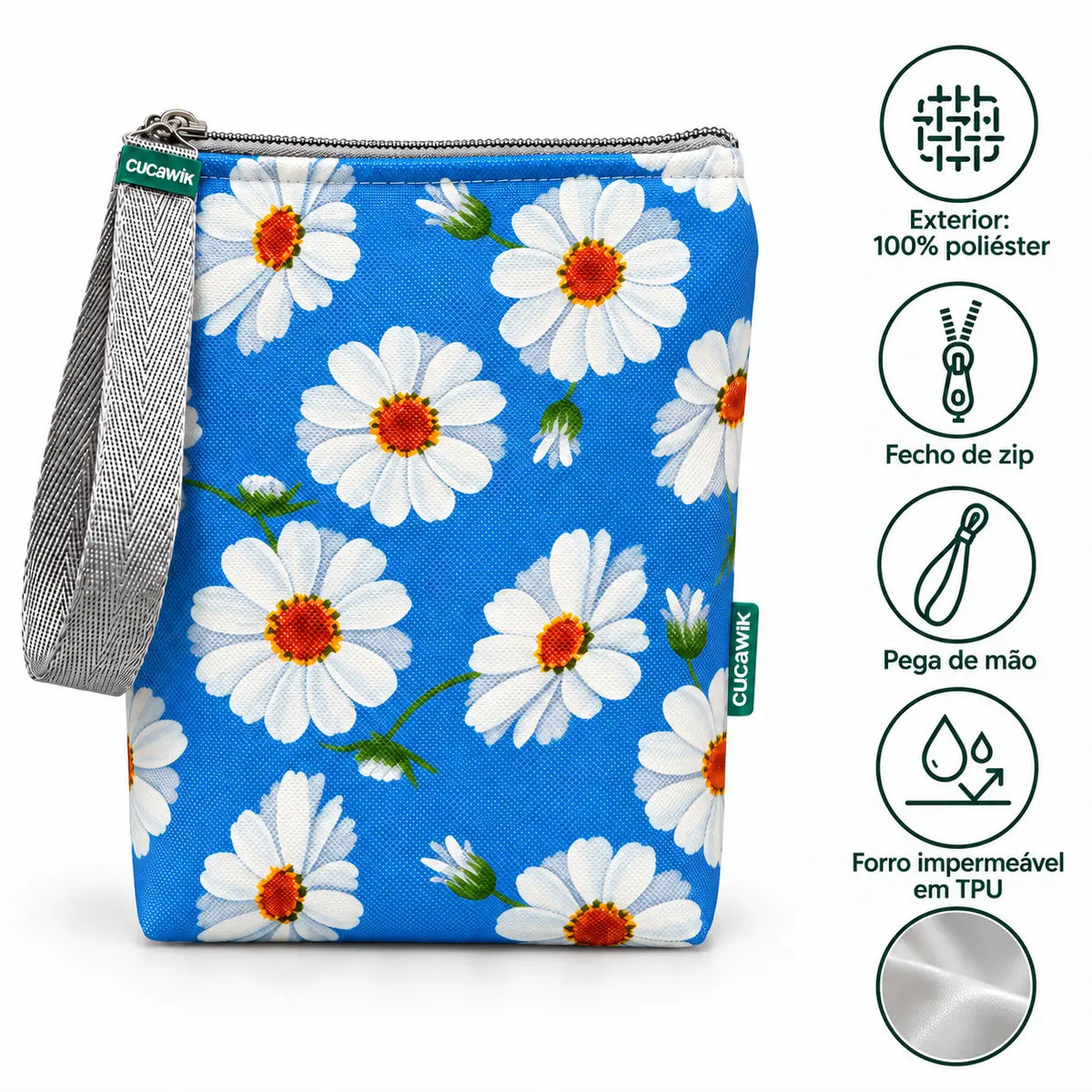 Características da bolsa isotérmica para snacks Margaridas Fundo Azul Claro – poliéster impermeável