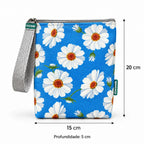 Medidas da bolsa isotérmica para snacks Margaridas Fundo Azul Claro – 20 × 15 × 5 cm
