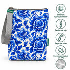 Características da bolsa isotérmica para snacks Paisley Peónias Azul Porcelana – poliéster impermeável