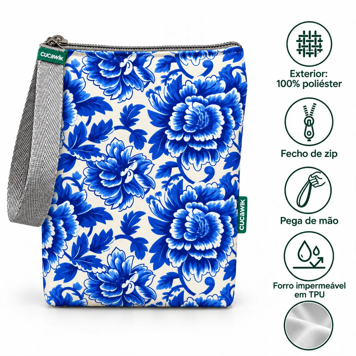Características da bolsa isotérmica para snacks Paisley Peónias Azul Porcelana – poliéster impermeável