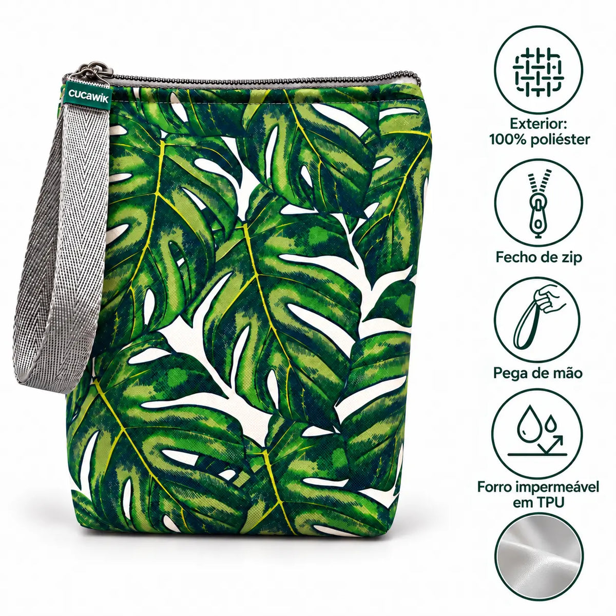 Características da bolsa isotérmica para snacks Plantas Monstera Verde – poliéster impermeável