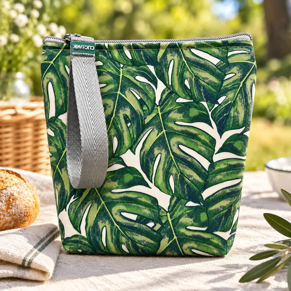 Bolsa isotérmica para snacks Plantas Monstera Verde em ambiente de dia a dia