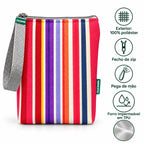 Características da bolsa isotérmica para snacks Riscas Coloridas Rosa – poliéster impermeável