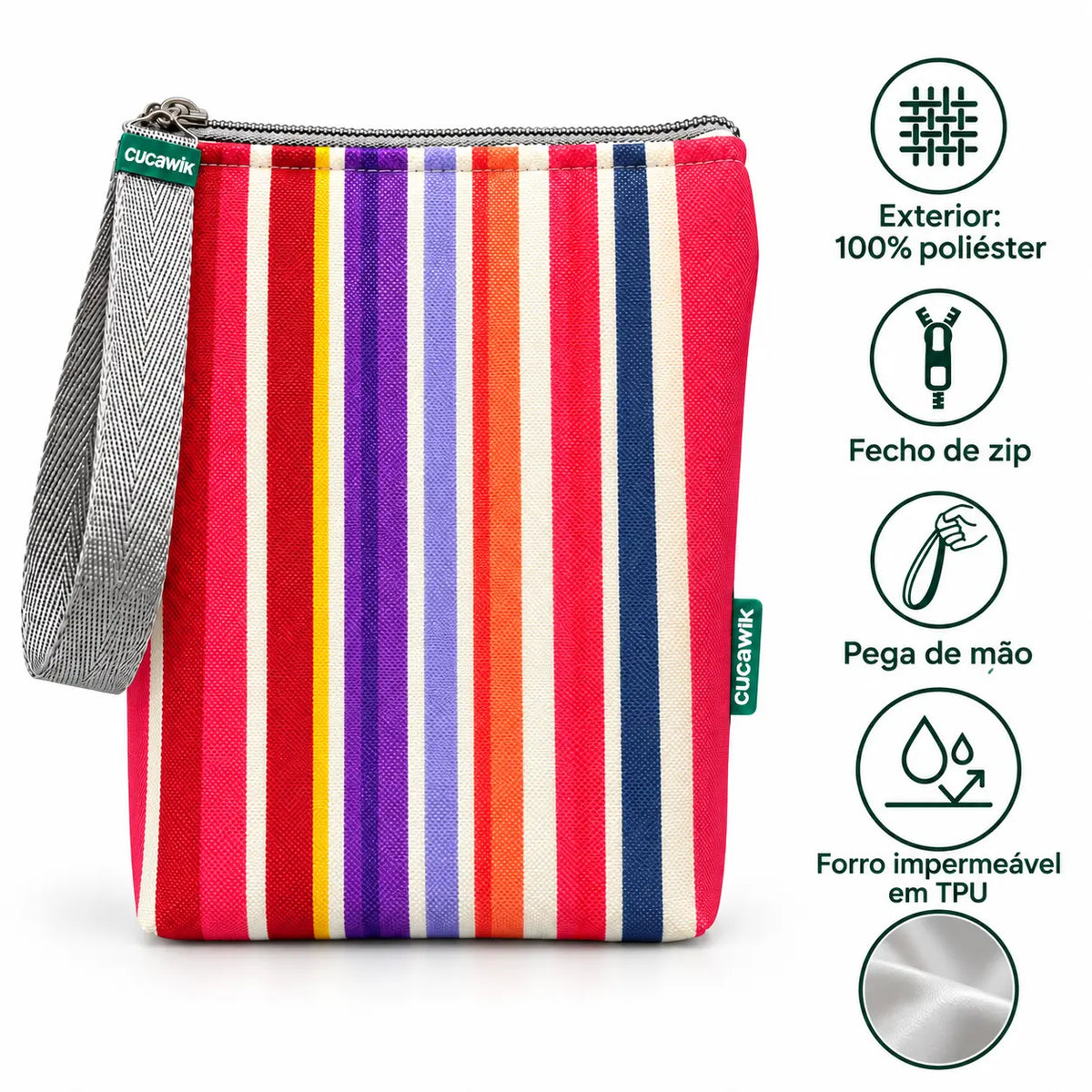 Características da bolsa isotérmica para snacks Riscas Coloridas Rosa – poliéster impermeável