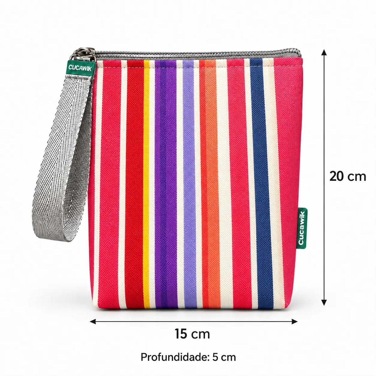 Medidas da bolsa isotérmica para snacks Riscas Coloridas Rosa – 20 × 15 × 5 cm
