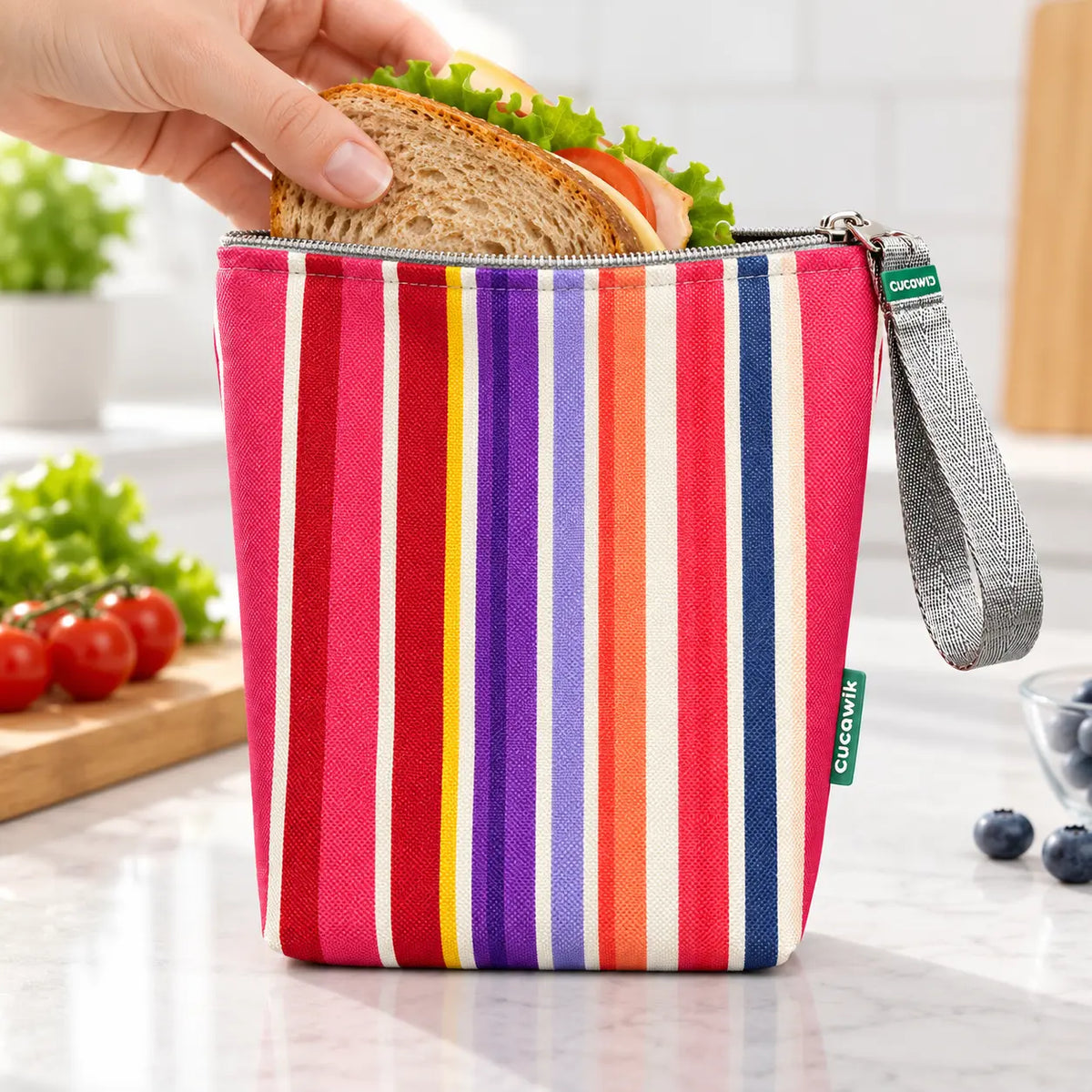 Bolsa isotérmica para snacks Riscas Coloridas Rosa em utilização – com snacks no interior