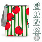 Características da bolsa isotérmica para snacks Tomates Fundo Riscas Verdes – poliéster impermeável