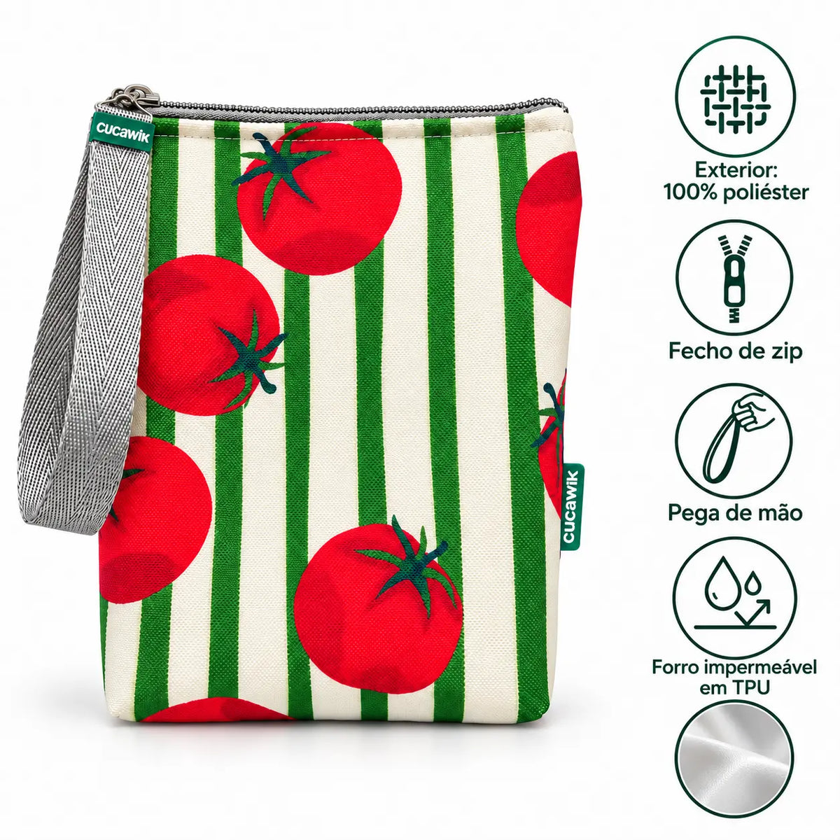 Características da bolsa isotérmica para snacks Tomates Fundo Riscas Verdes – poliéster impermeável